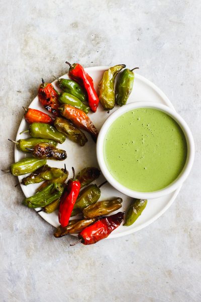 BLISTERED SHISHITO PEPPERS WITH CILANTRO LIME DIPPING SAUCE