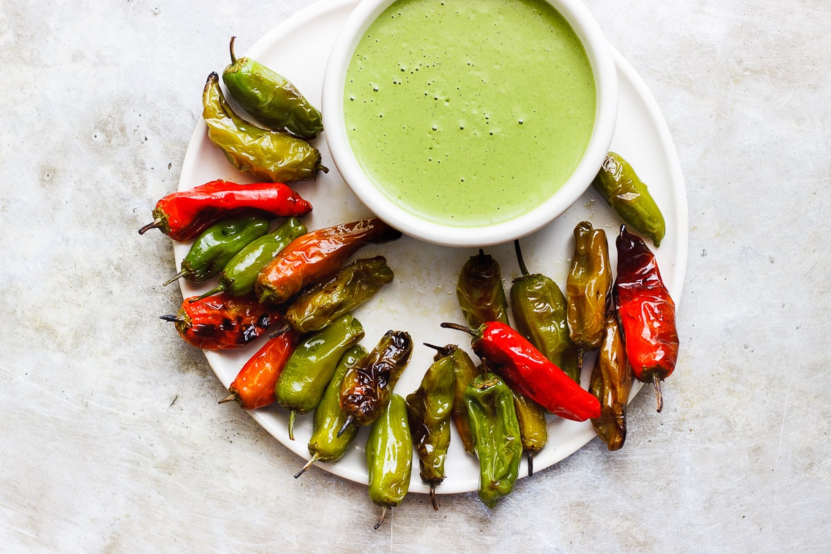 grilled shishito peppers with dipping sauce