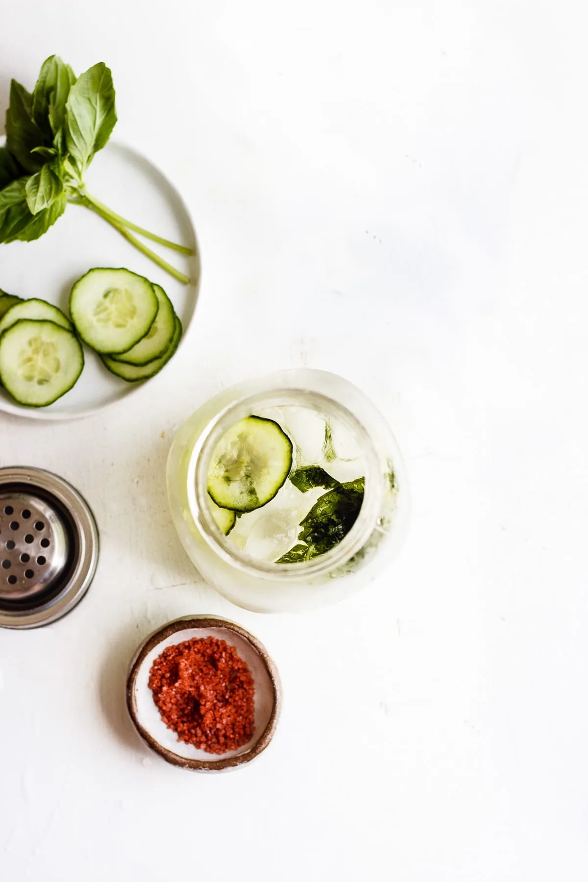 cucumber and basil in cocktail shaker