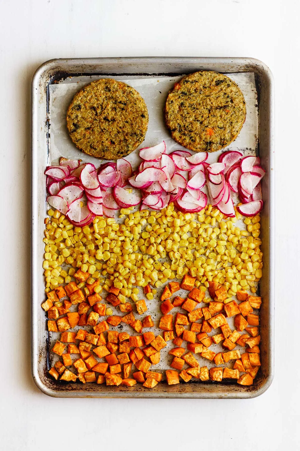 veggie burger sheet pan meal