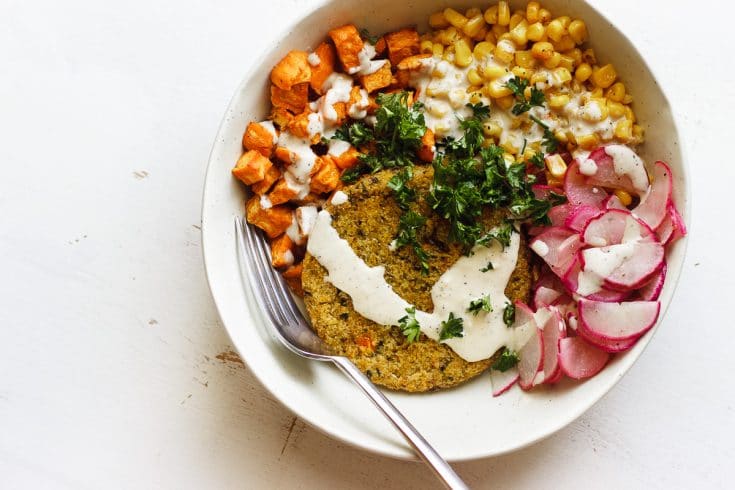 Sheet Pan Veggie Burger Bowl with Tahini Sauce (vegan, gluten-free)