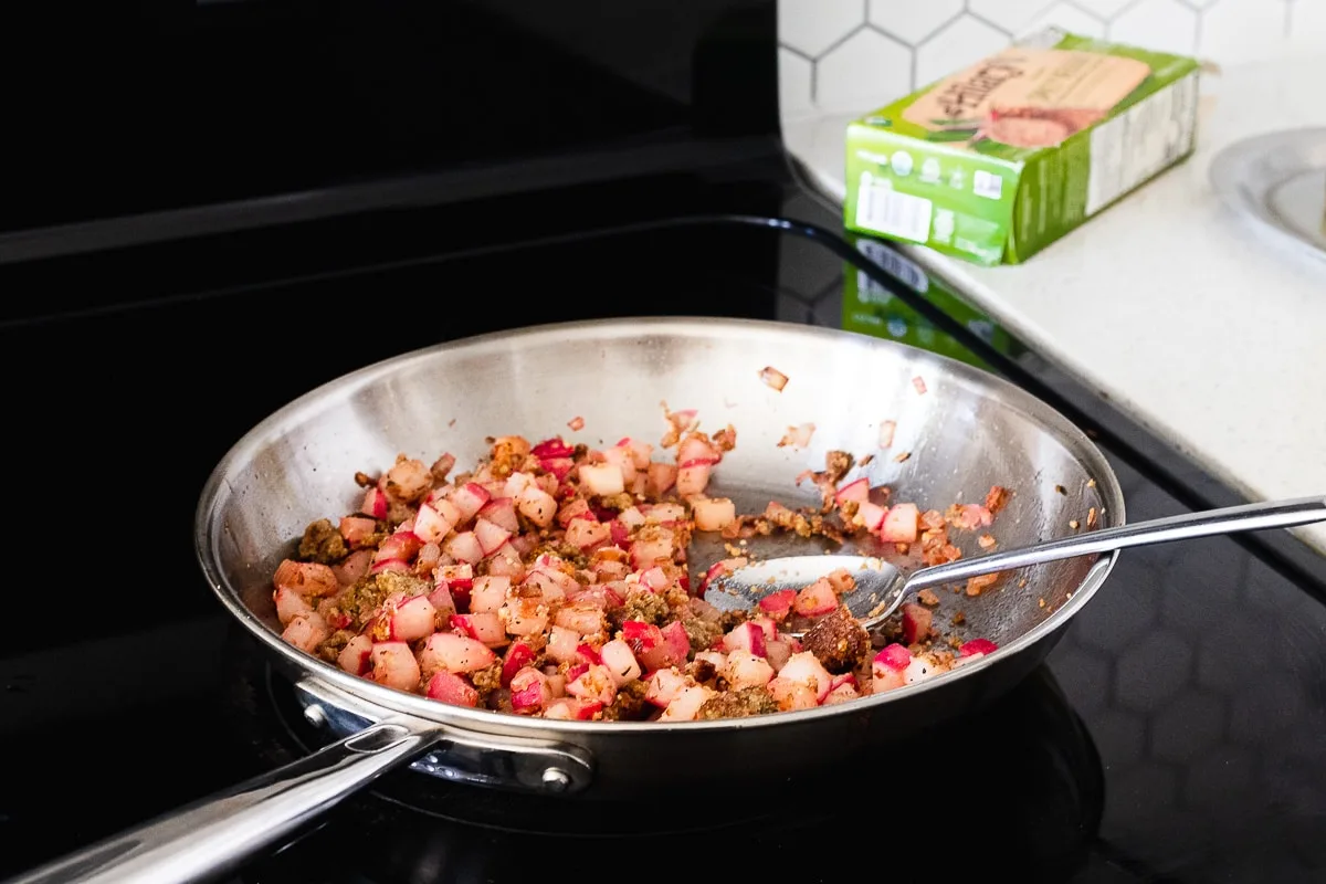 pan with radishes and hilary's spicy veggie sausage