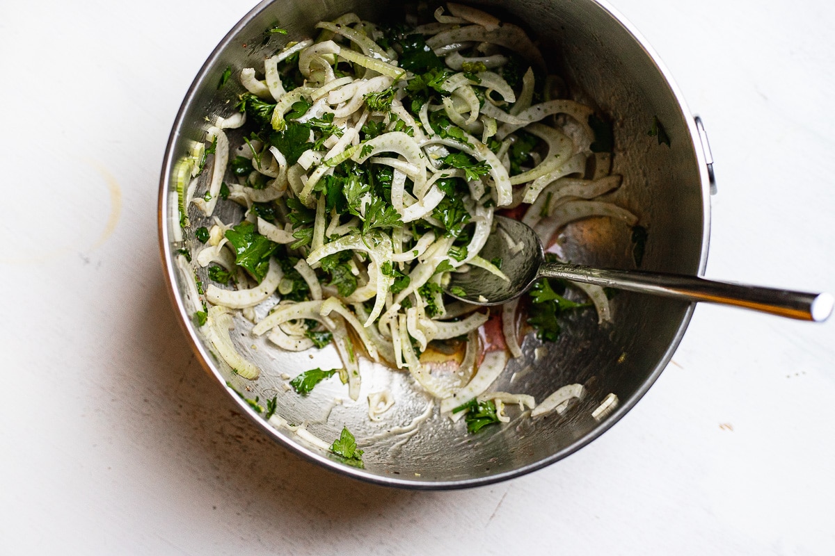 shaved fennel slaw in a bowl