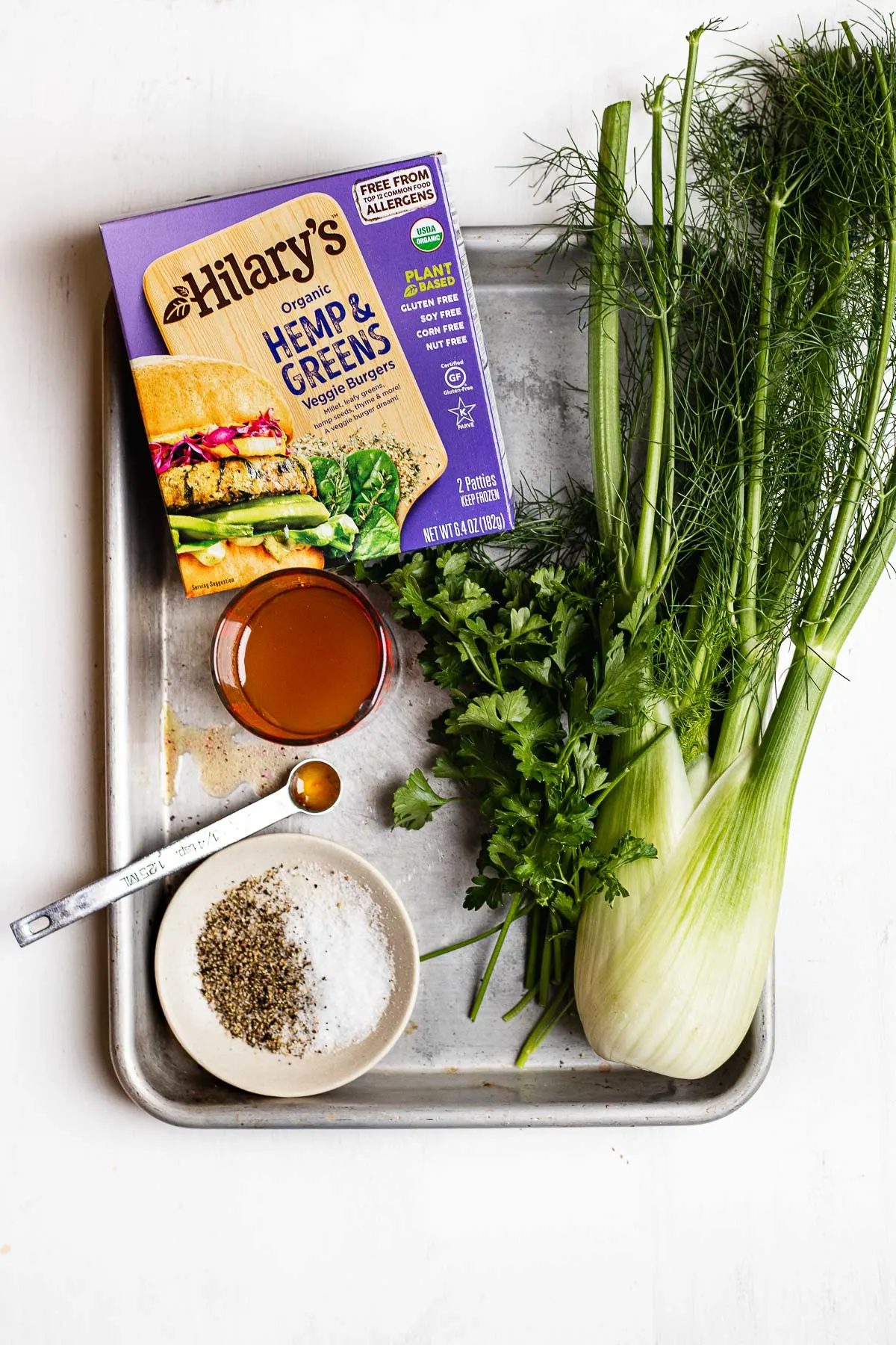 hilary's veggie burgers on a tray with ingredients