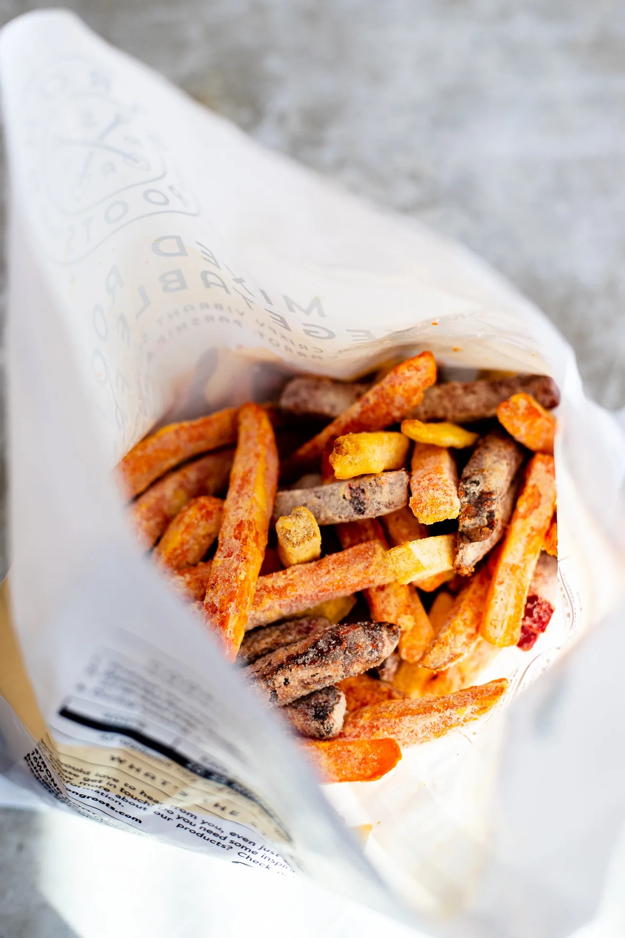 strong roots root vegetable fries open in bag